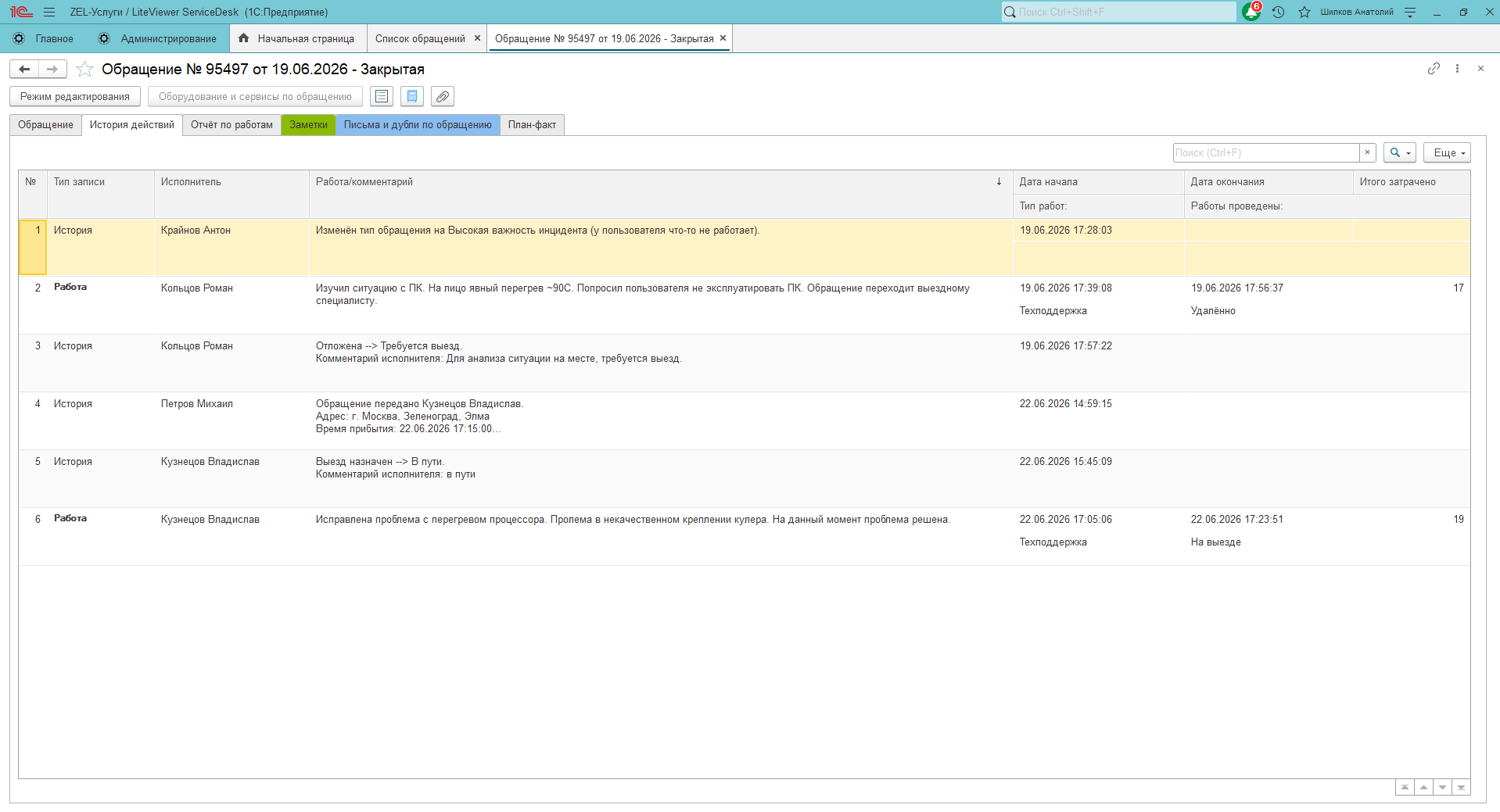 Работа с заявкой в HelpDesk